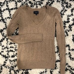 AEO Beige Cable-knit V Neck Sweater